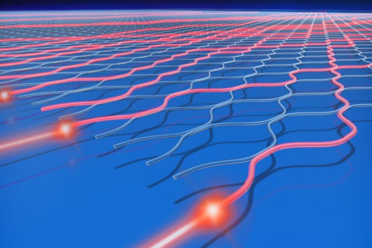 A diagram of an optical circuit, where photons (red) are sent through a maze of beam splitters and mirrors and a quantum computer like Jiuzhang calculates the output