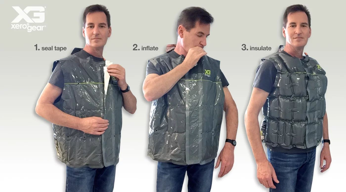 The vest inflates with a blow valve