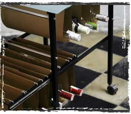 Quirky wine rack, made from a recycled filing cabinet on wheels