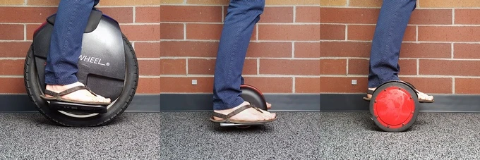 The original Solowheel to the left, the new Iota in the middle and the Hovertrax to the right
