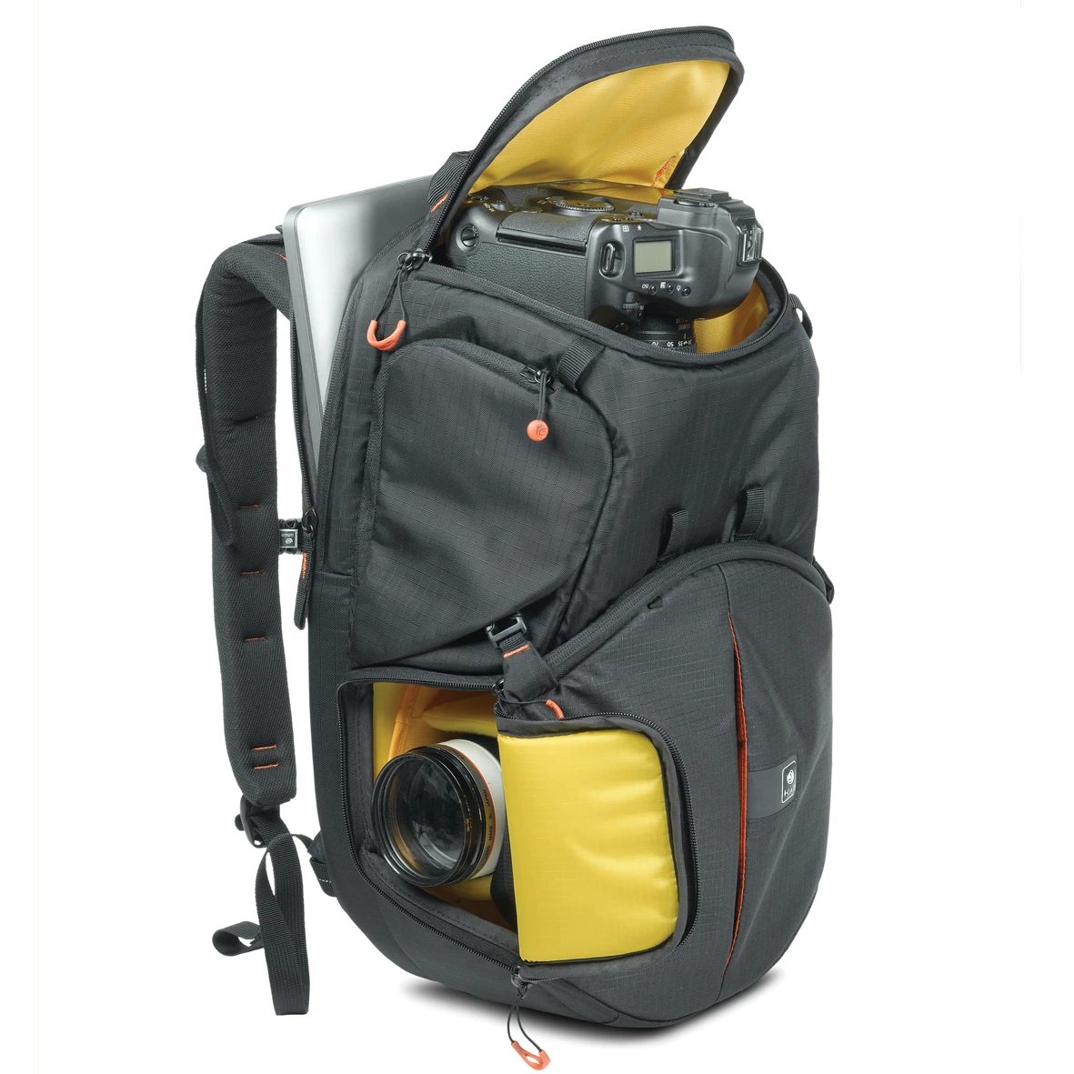 A DSLR camera equipped with a standard lens and grip can be kept in a separate compartment at the top of the backpack for quick retrieval