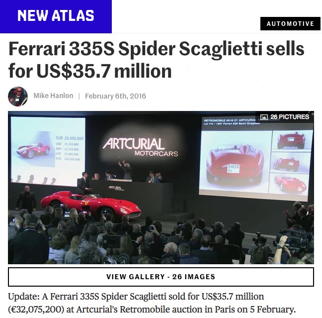 The decision by the estate to sell Bardinon's 1957 Ferrari 335 S Scaglietti in early 2016 precipitated further problems with French tax authorities when the car was sold for US$35.7 million (€32,075,200) at Retromobile in February, 2016, becoming the most valuable car ever sold at auction in British Pounds or Euros, and the second most valuable car on our top 100 list (we measure in USD). Our report at the time can be found here.