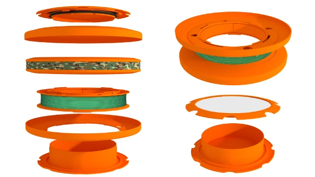The two reels and supporting hardware nest and lock together