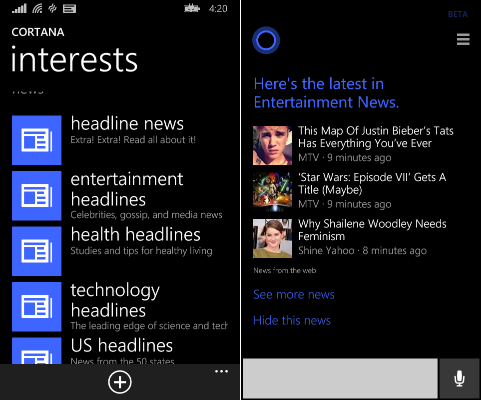 Cortana display headlines based on your interests