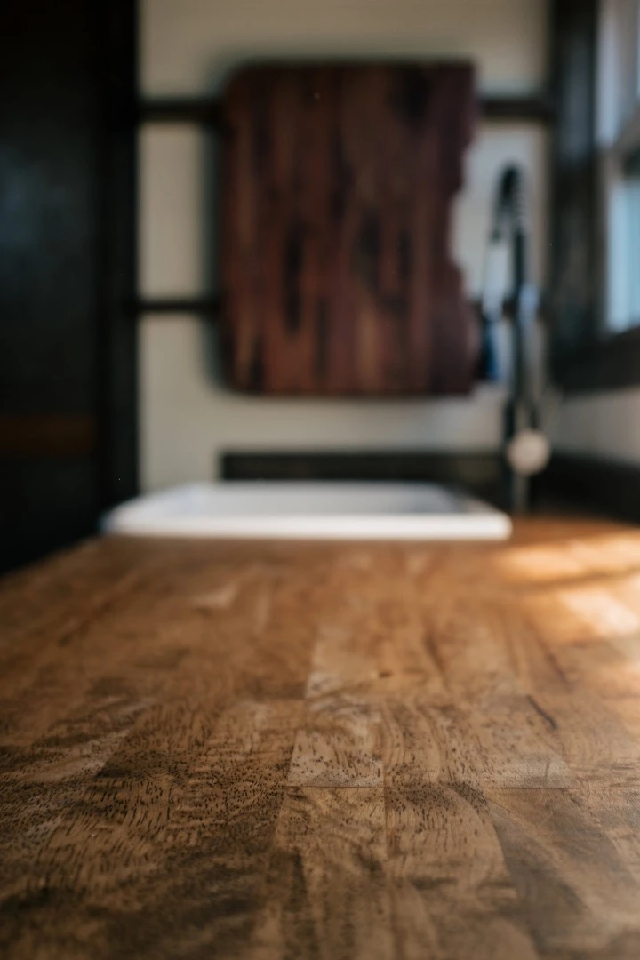Closeup of the Silhouette's butcher block countertop