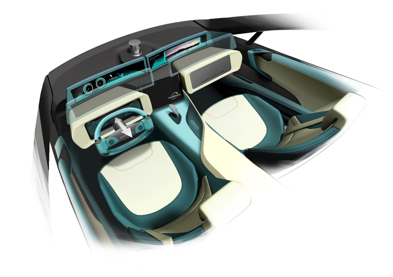 Inside, the dashboard transforms from driving to autonomous mode