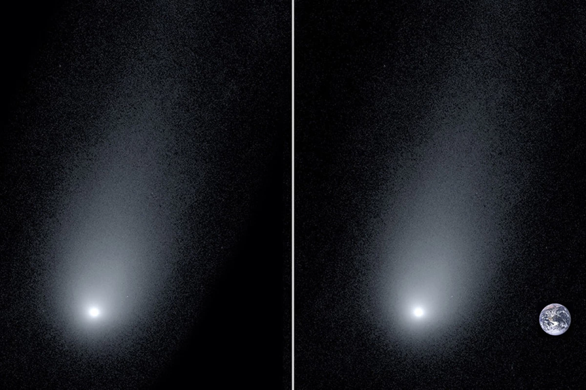 An image of interstellar comet 2I/Borisov (left) accompanied by a composite image showing the Earth for scale (right)