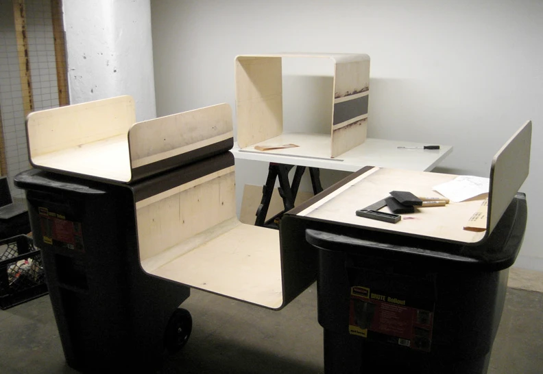The Slot Sofa ottoman and coffee table being constructed