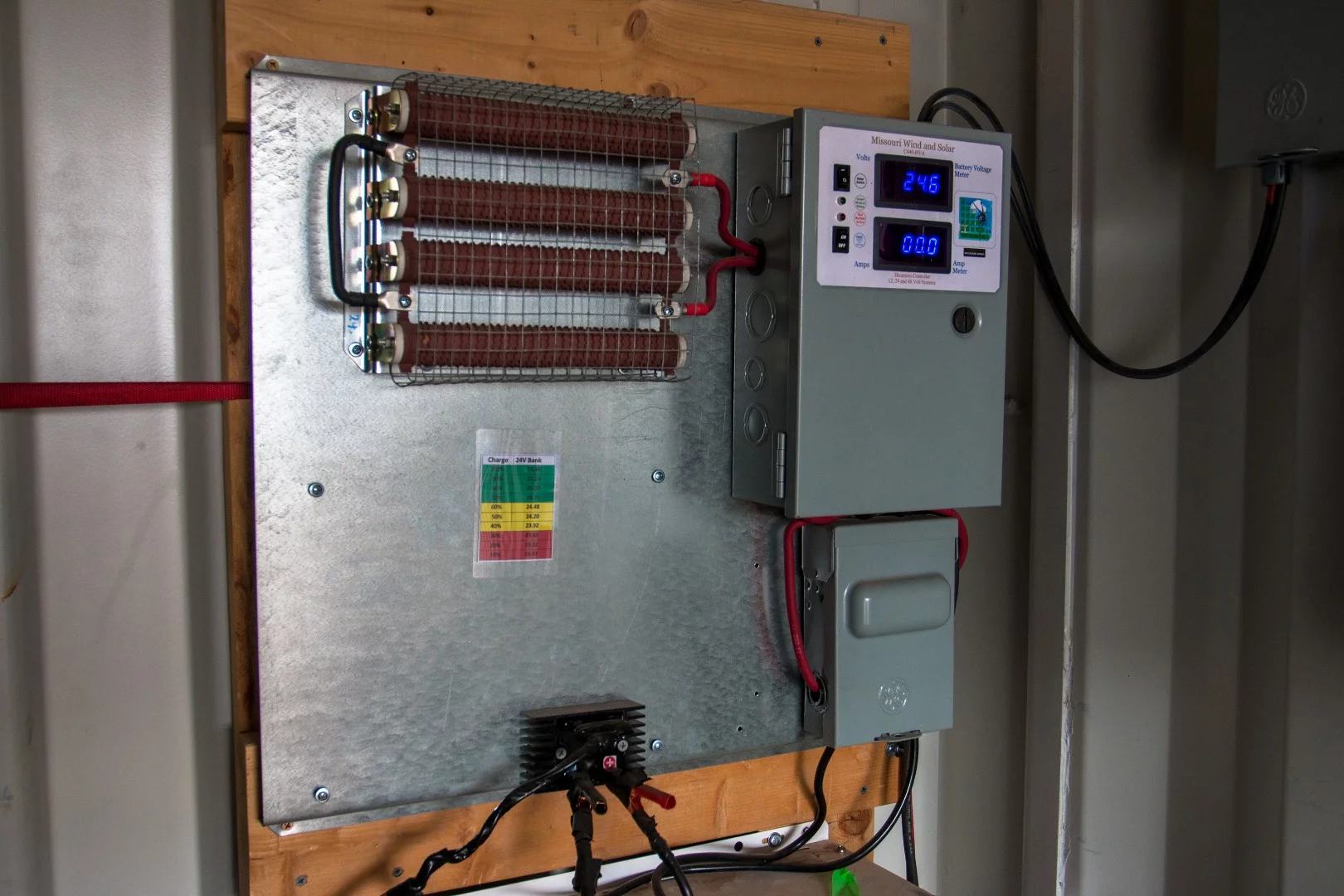 Missouri Wind and Solar HVA Hybrid Controller For Wind Turbines & Solar Panels as well as a 1500 Watt Diversion Dump Load Resistor Bank. The hybrid controller can handle up to 440 amps and 10,000 watts.