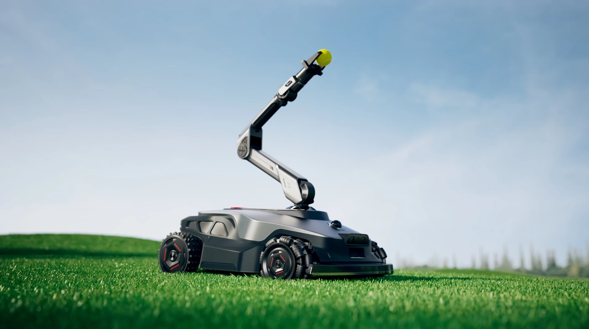 The Master X Vison robo-mower's extending arm can move objects out of the rover's path, pick fruit, water the flower bed or trim and strim using different heads