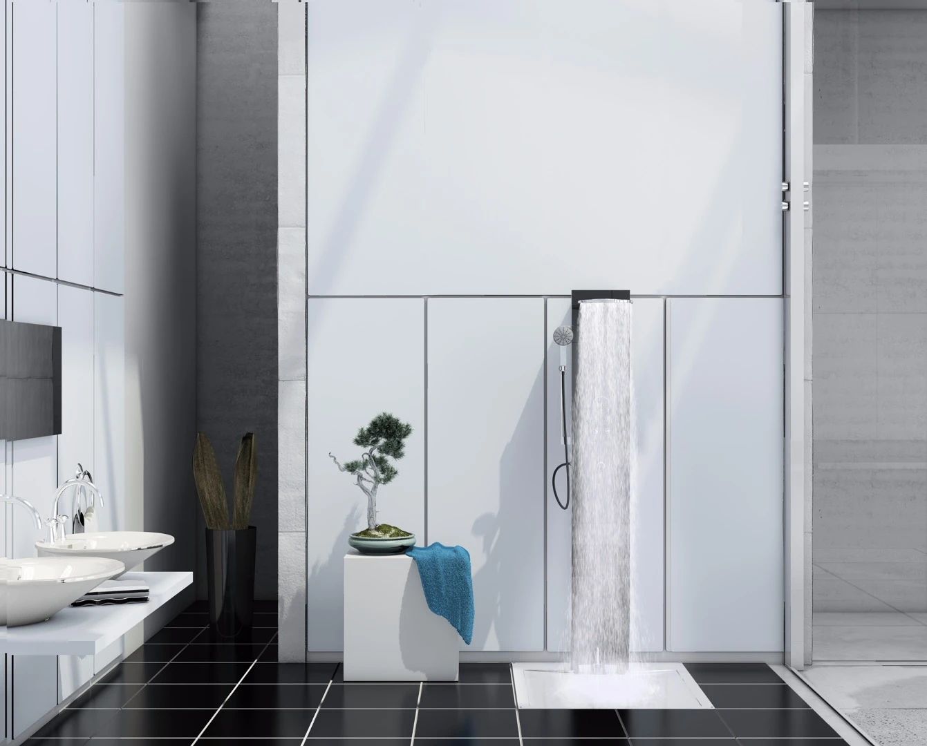 The e-Shower can be positioned against a wall or in a corner