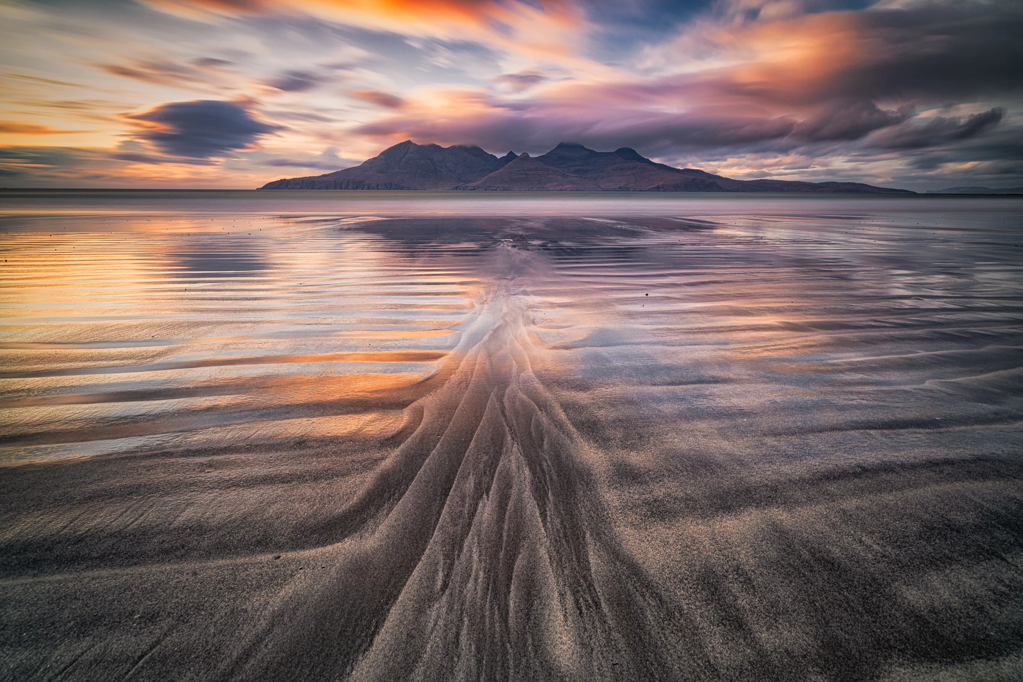 Colors and clouds move over the mountains of Rum island in Scotland
