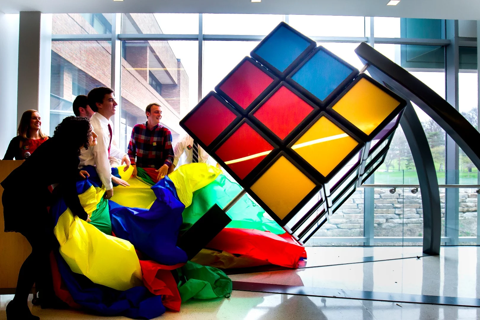 The cube is unveiled at the university's G.G. Brown Building