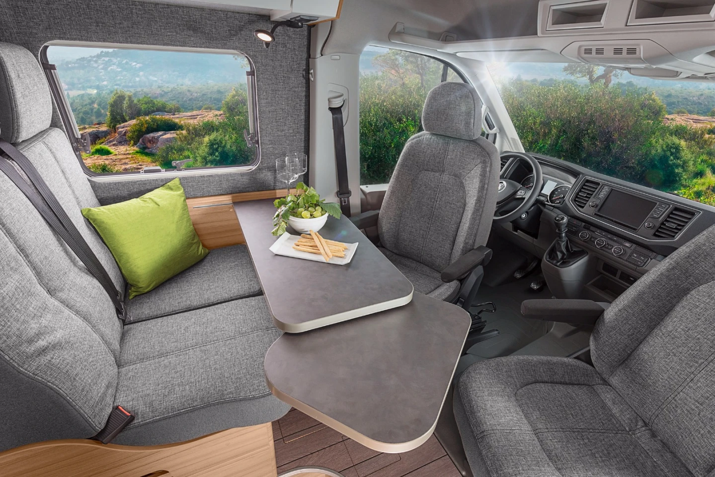 The floating dining table offers plenty of space