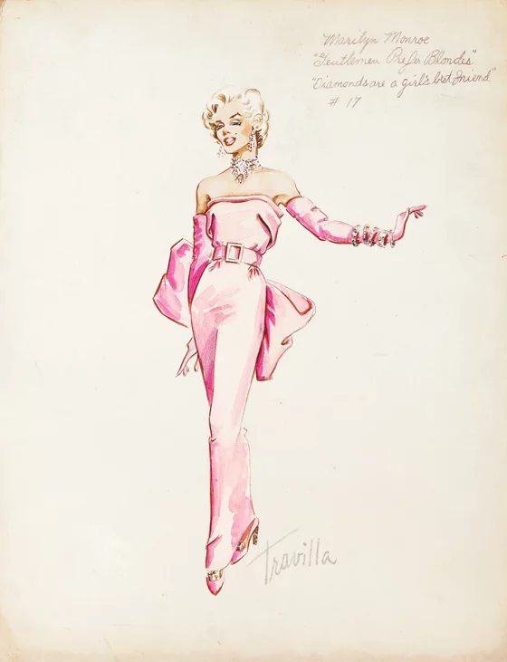 An original costume sketch of Marilyn Monroe’s iconic pink satin dress for the “Diamonds are a Girl’s Best Friend” sold for $36,000