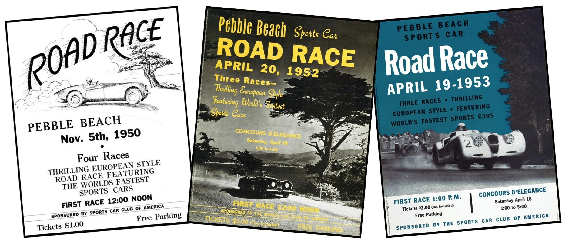 Early posters advertising the Pebble Beach Concours d'Elegance and the Sports Car Club of America's (SCCA) annual "Del Monte Trophy" road races run over a 2.1 mile course on the narrow tree-lined public roads of Pebble Beach between 1950 and 1956.