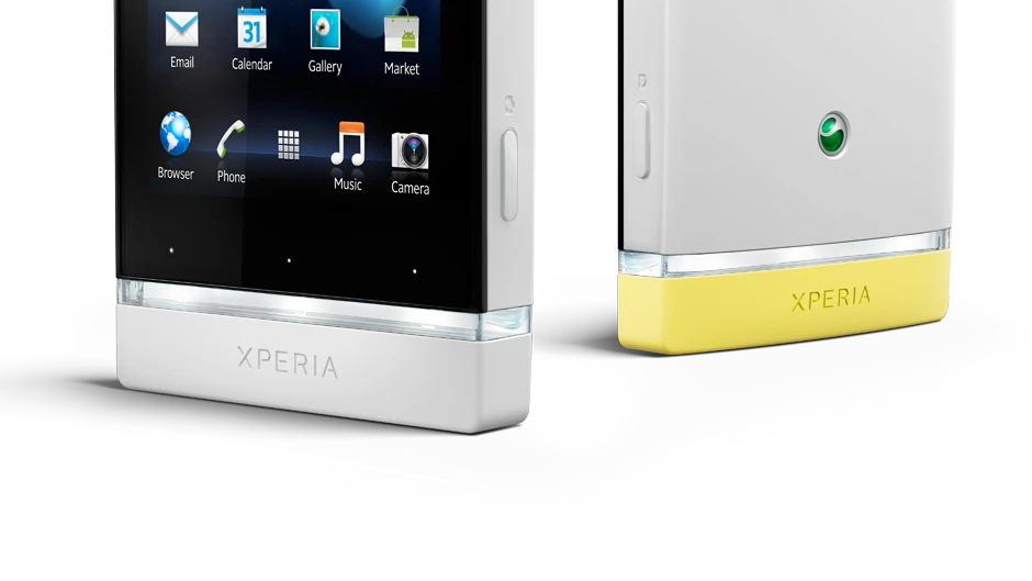 The Xperia U comes in black and white, with pink and yellow exchangeable caps for the base of the smartphone