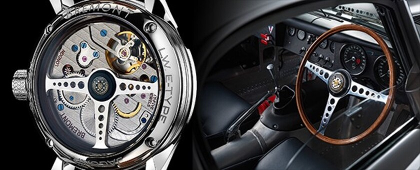 The reverse of the Lightweight E-Type watch sports a rotor in the shape of a steering whel