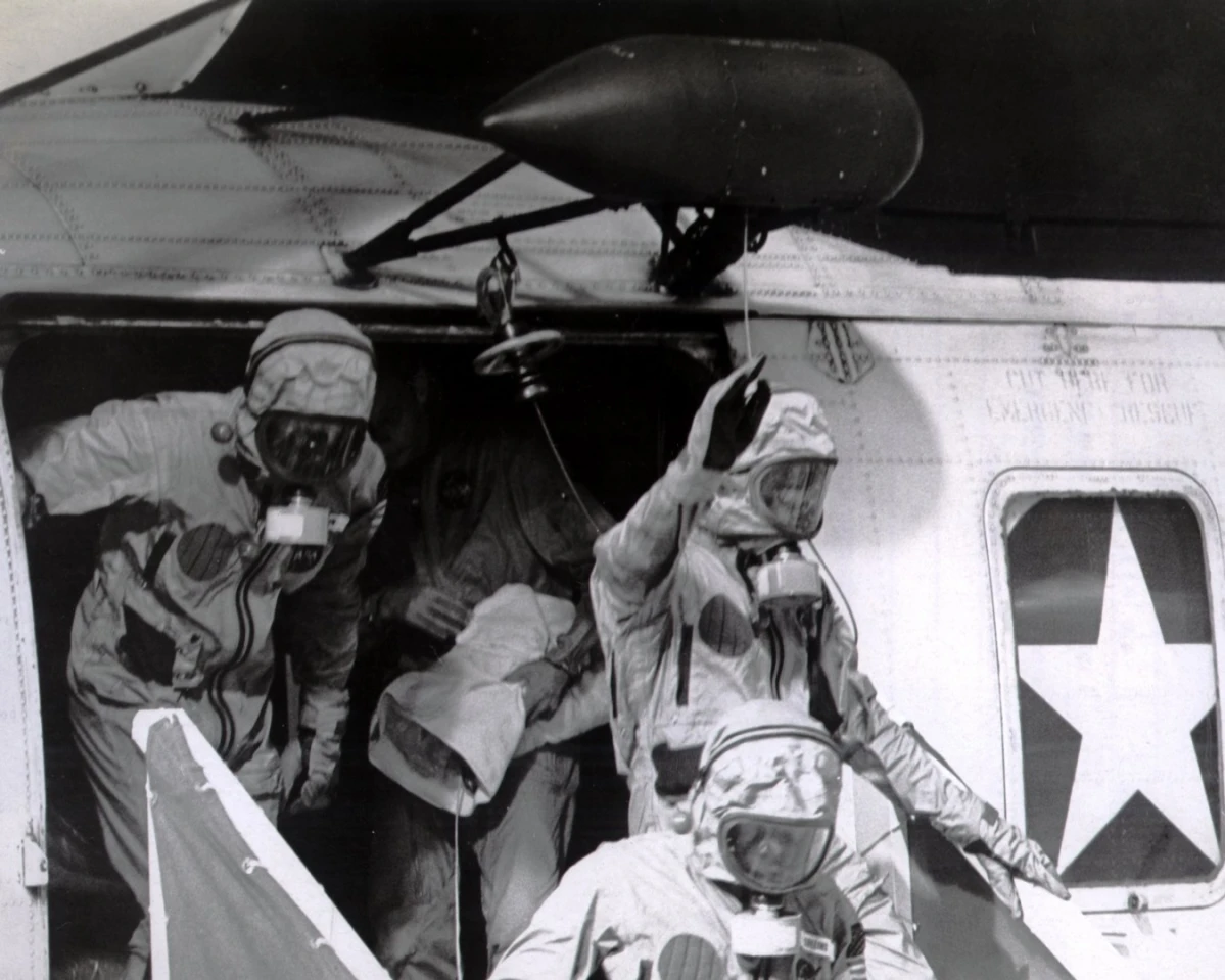 The Apollo 11 crew disembark on USS Hornet