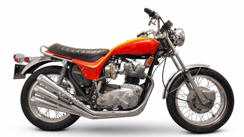 BSA-Triumph's most iconic post-WWII motorcycle and the product of a comedy of errors which conspired to limit its production run and make it valuable too. Faced with the onslaught of much faster, much much more reliable, oil-leak-free motorcycles with modern styling from Japan, the company produced yet another 750 with vertically-split crankcases and pushrod valve actuation, albeit with three cylinders instead of two. The marketing-aware distributors in America knew better and commissioned designer Craig Vetter to create a customized BSA Rocket 3. BSA hated it, but when the bike appeared on the cover of Cycle World in 1970, and massive public interest demanded it, the company was lucky enough to have enough sets of inclined-cylinder BSA crankcases left for a limited run of 1,200 bikes under the Triumph badge, as BSA had gone bankrupt. It took Vetter two years to get paid. The limited edition Hurricane is now the most valuable post-WWII British motorcycle. This 1972 Triumph 750 X75 Hurricane is expected to fetch between £15,000 and £19,000 ($22,000 - 28,000). Auction Page