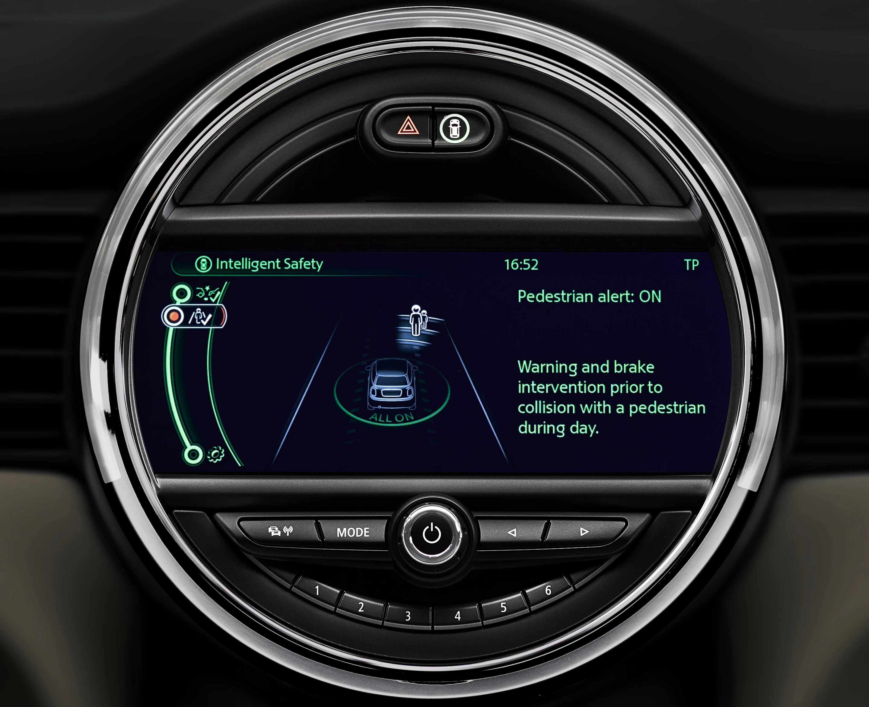 Pedestrian warning with city braking function