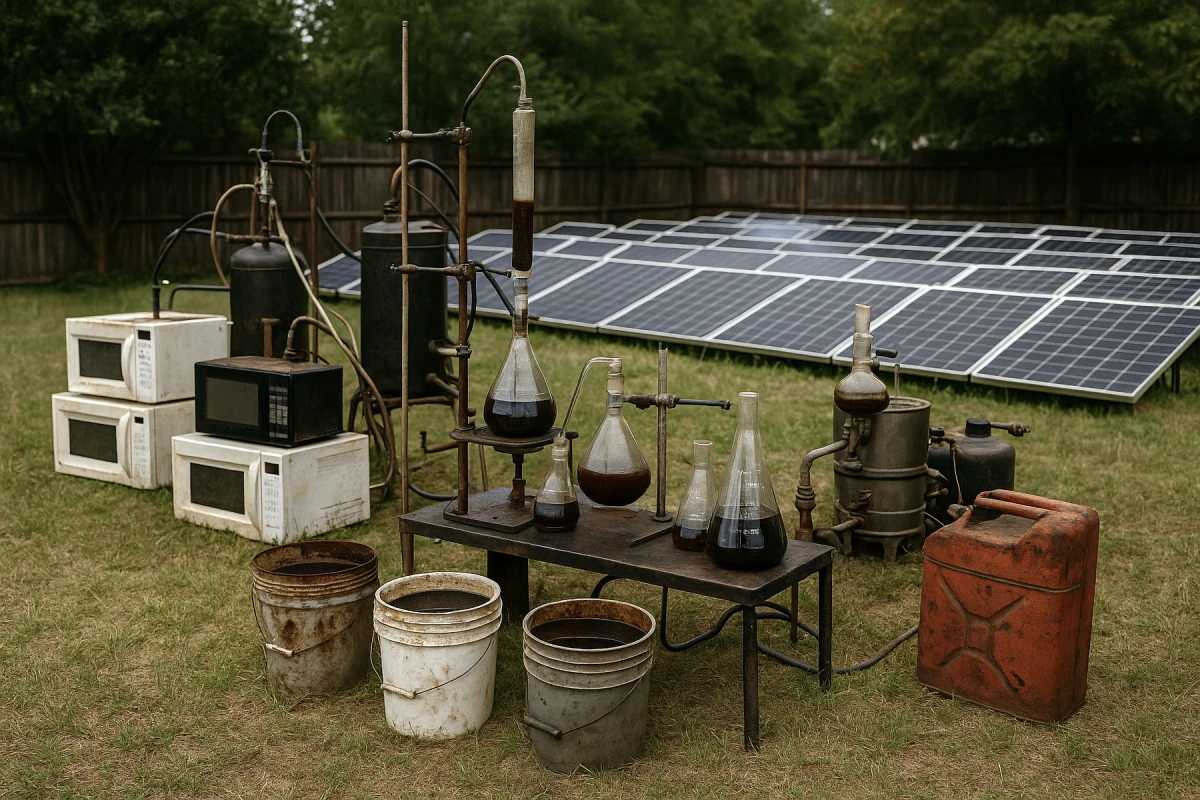 Backyard scene of homemade plastic pyrolysis – there's no clear video of Julian Brown's complete setup, so this images is generated