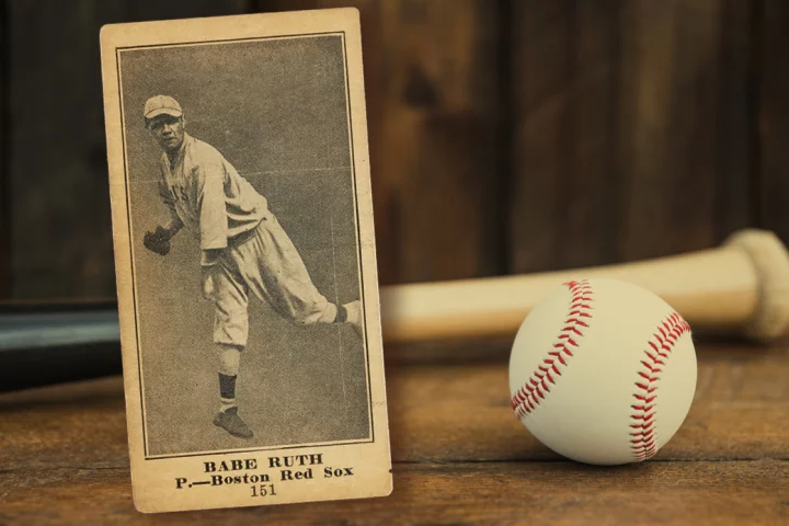 This 1916 (M101-4) Babe Ruth blank back card shows Ruth as a left-handed pitcher for the Red Sox