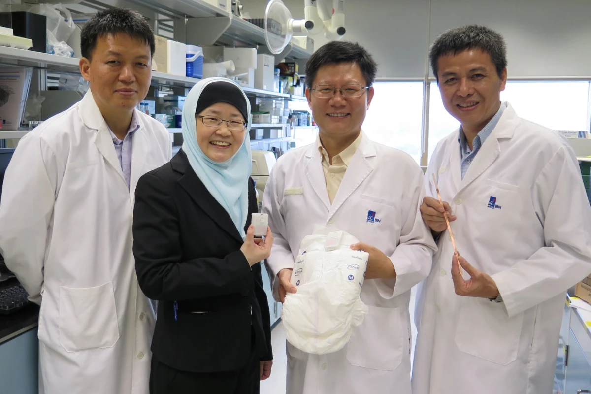 The IBN researchers who developed the diaper wetness monitoring system. From left: Dr Min Hu, Prof Jackie Y. Ying, Dr Rensheng Deng and Dr Guolin Xu