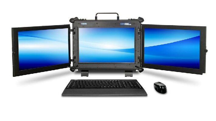 An integrated 17-inch, 1920 x 1200 resolution display is featured, with the option of one or two fold-out screens