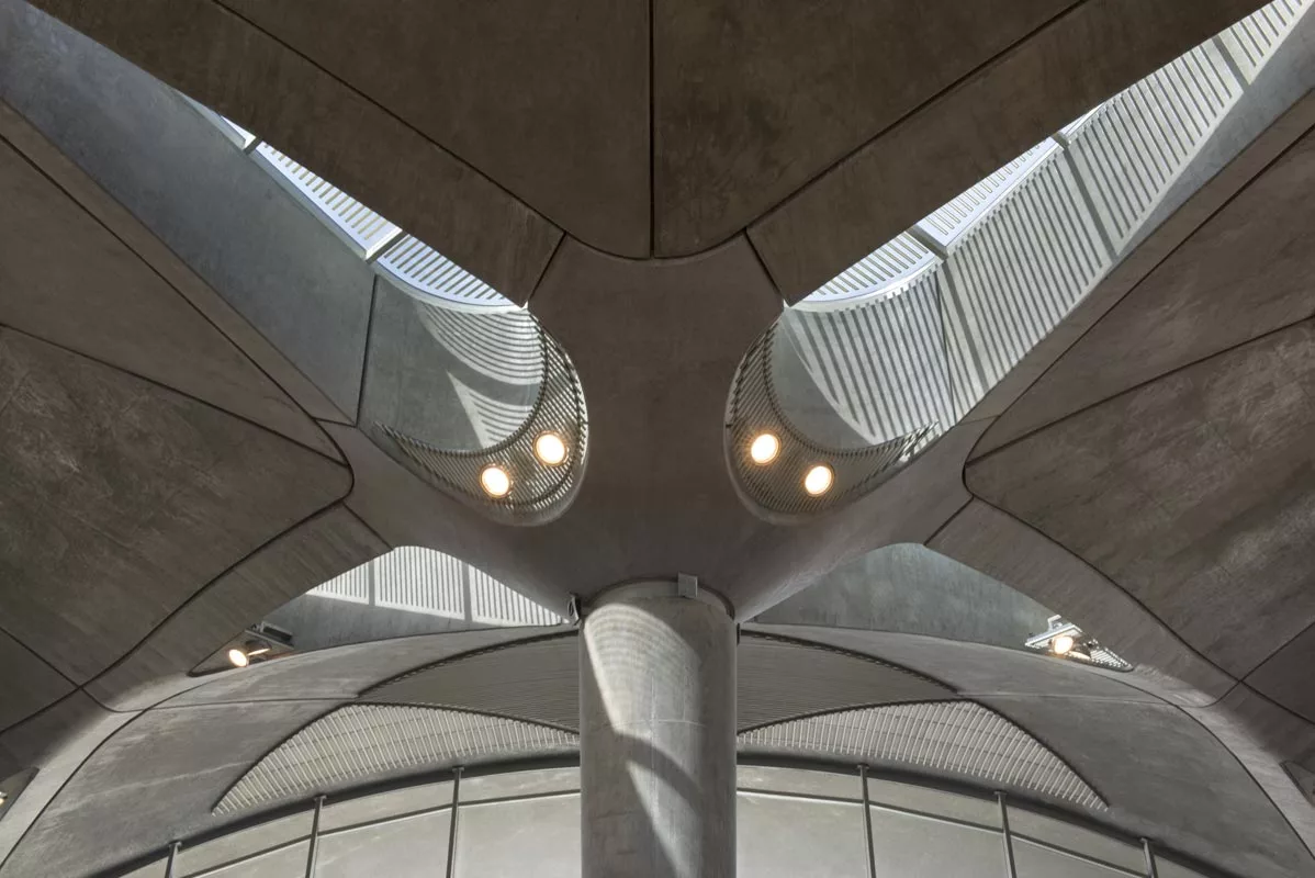 The airport's modular domes appear to branch out from the supporting columns like the leaves of a palm tree when viewed from the ground