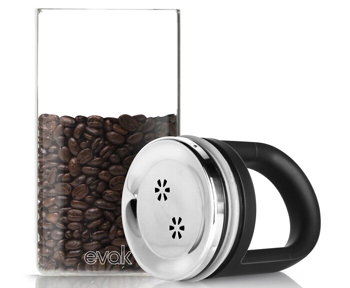 To use the EVAK food storage system, you simply fill the jar with food and push the lid down as far as it will go