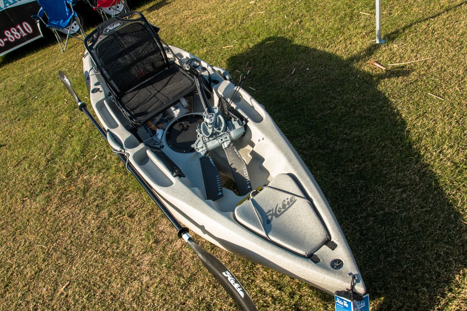 Hobie's Mirage Sport, at US$2,400, is a compact non-inflatable fun/fishing kayak at just 9 ft (2.7 m) long. Its rudder twists up and away out of the water when not needed, and despite its small size next to other kayaks, it's still got room for a fair bit of luggage