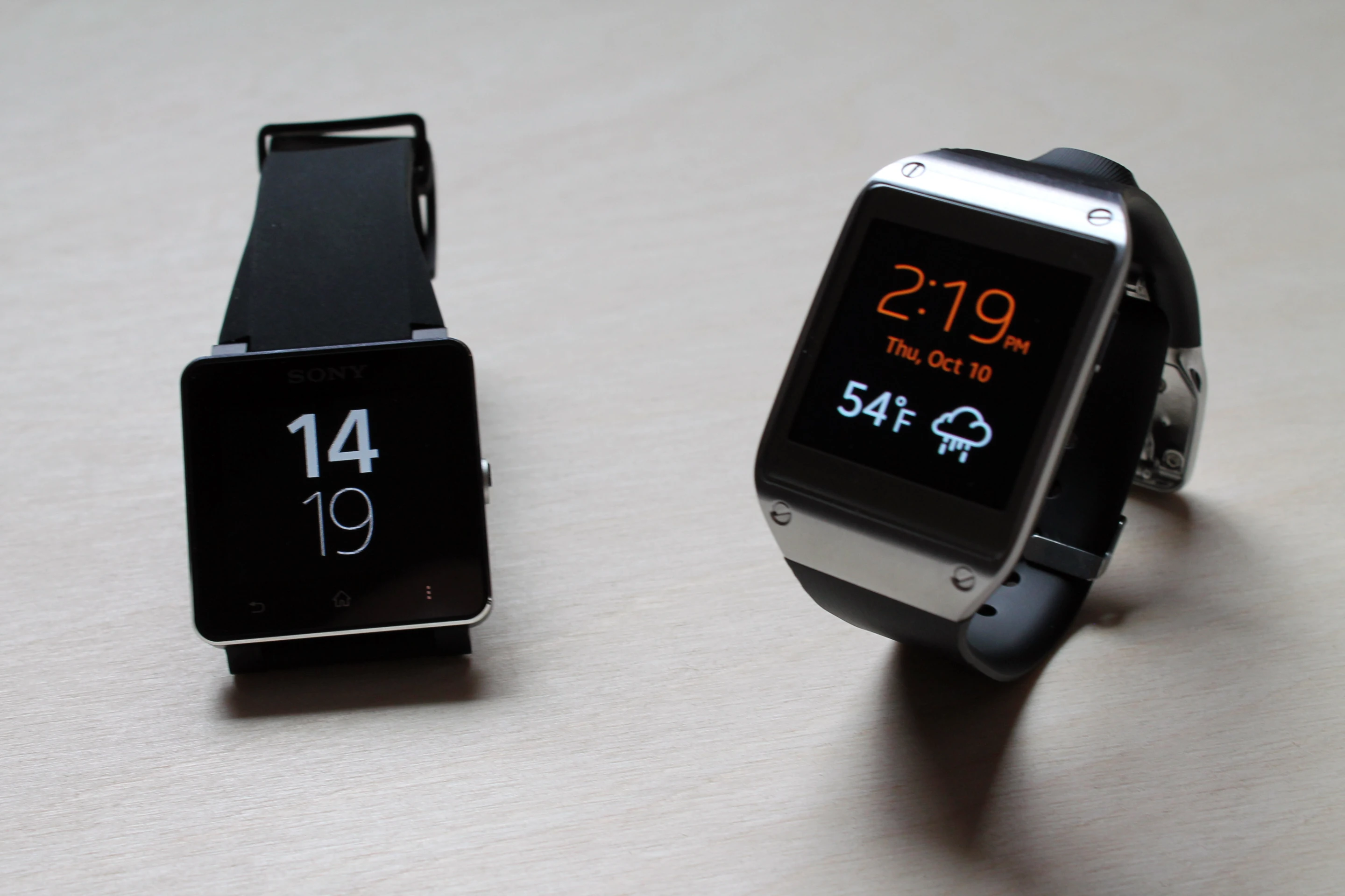 The Sony SmartWatch 2 next to the Samsung Galaxy Gear