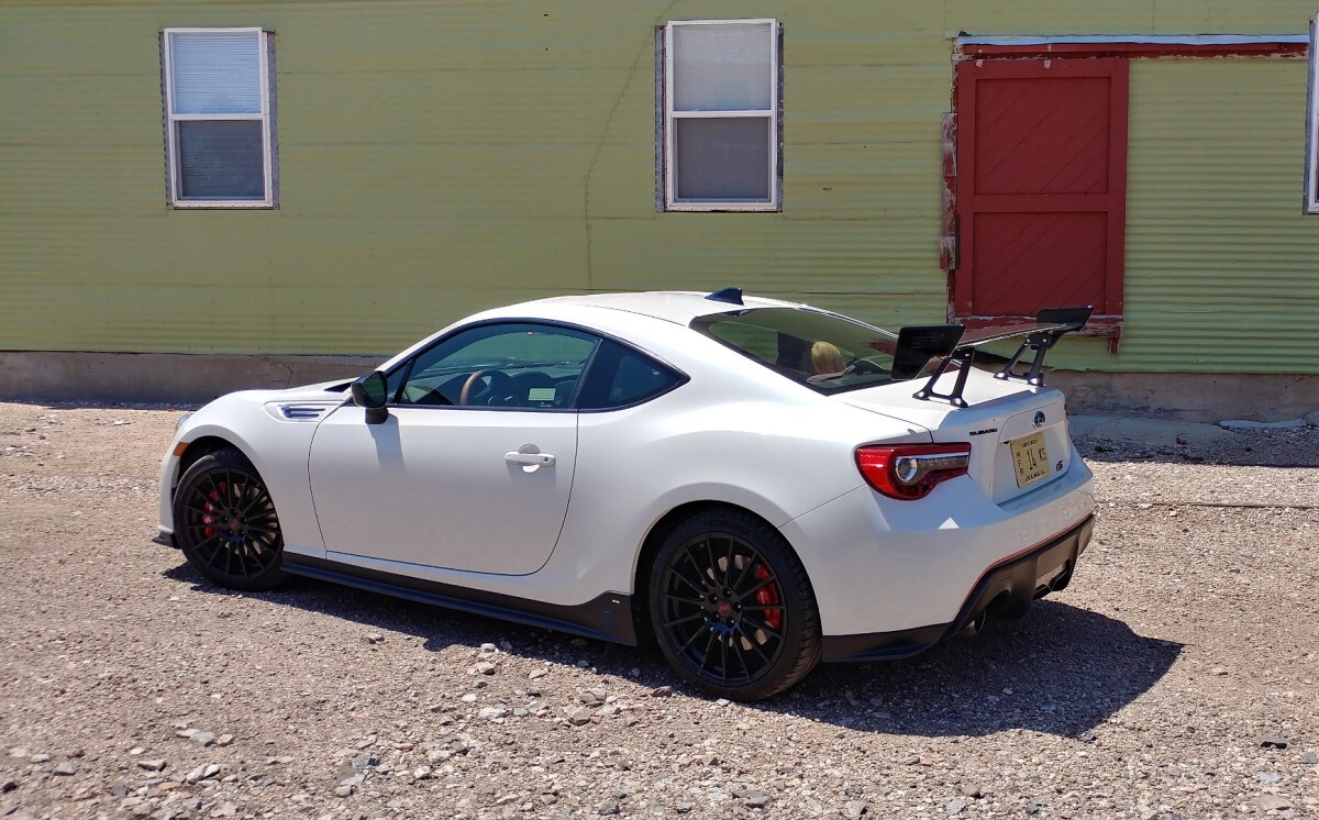 The BRZ's tS package adds a carbon fiber rear aero wing atop two upside-down V-shaped metal braces