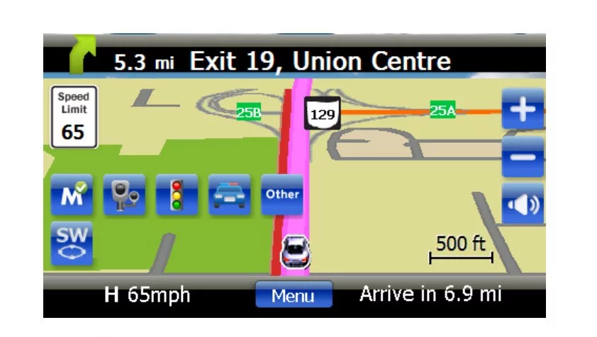 As well as giving turn-by-turn navigation instructions, the Passport IQ also indicates the current speed limit, location of known speed traps and points out where speed cameras are situated