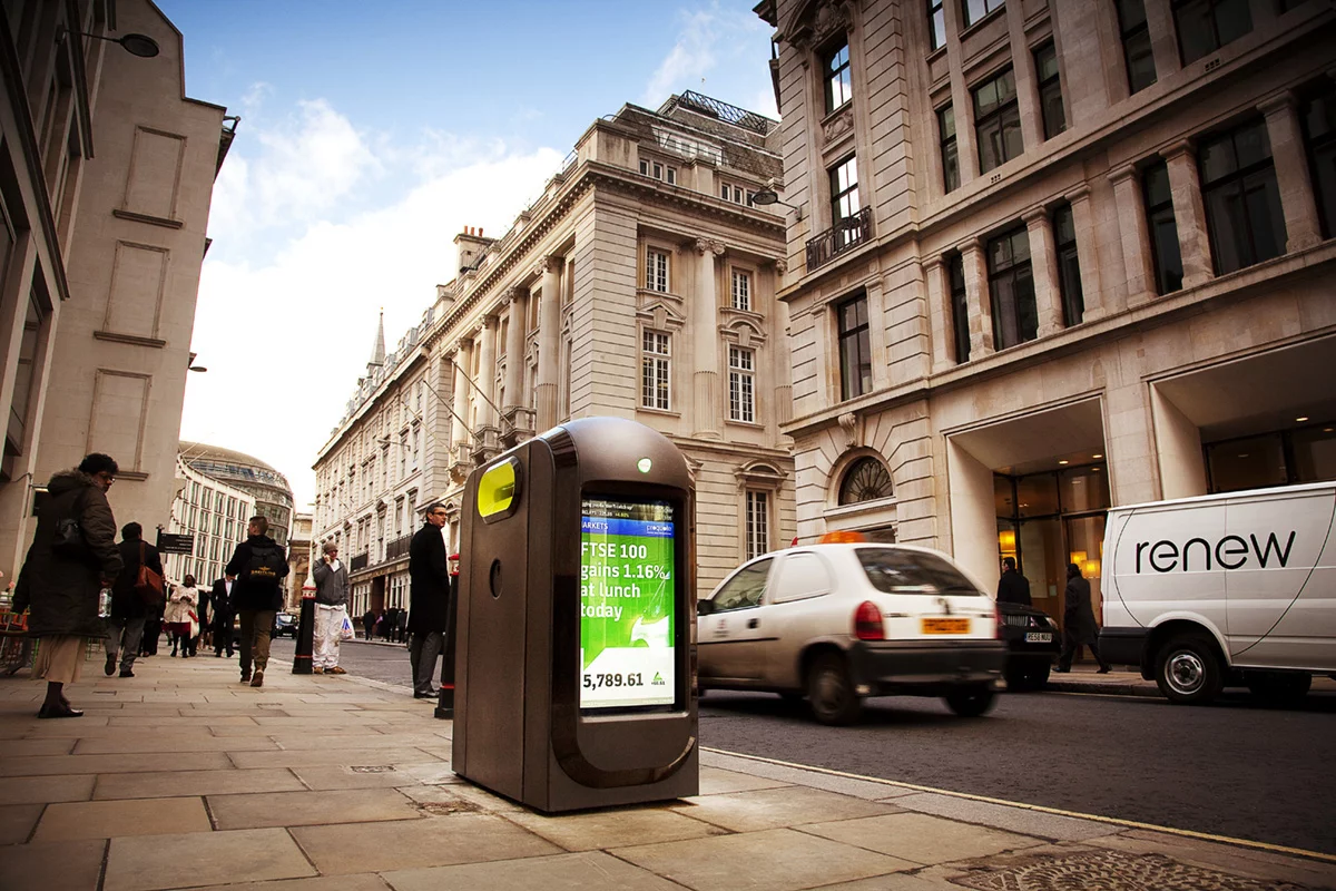 The City of London has contracted Renew to tackle the problem of litter caused by discarded free newspapers - its solution is a network of recycling bins featuring 32-inch LCD screens displaying daily news and weather