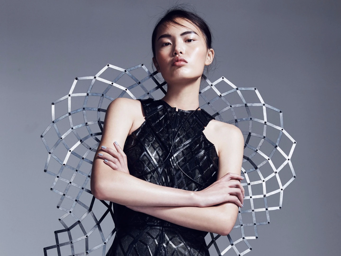 The Chromat Adrenaline Dress has a carbon fiber framework that will expand into a stylized hourglass shape when it detects an adrenaline rush