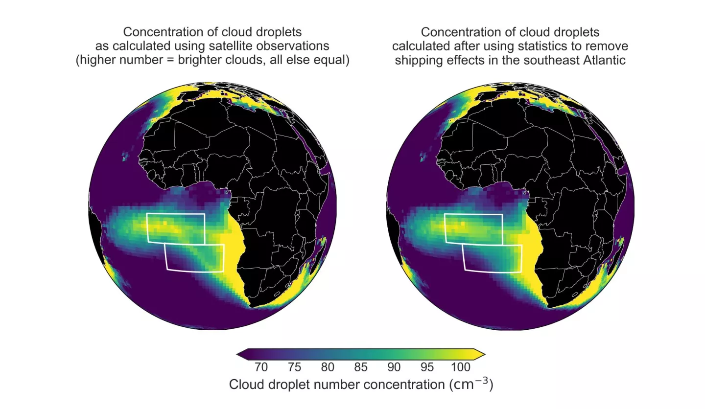 Cloud droplet formation as seen through satellite data between 2003 and 2015, with the image on the right illustrating what it would look like without sulfur emitted from ships along this route