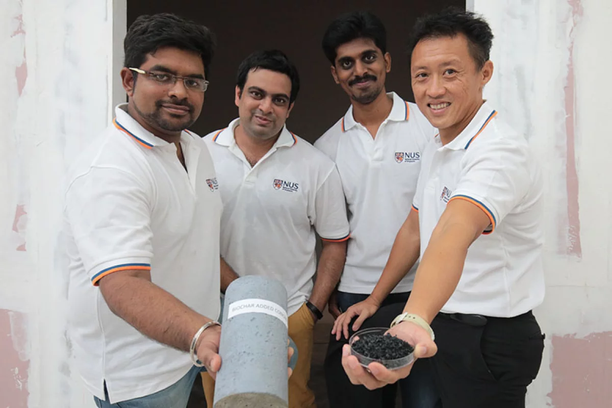 On the left is the enhanced concrete, and on the right is a sample of biochar generated from wood waste that was used to make it