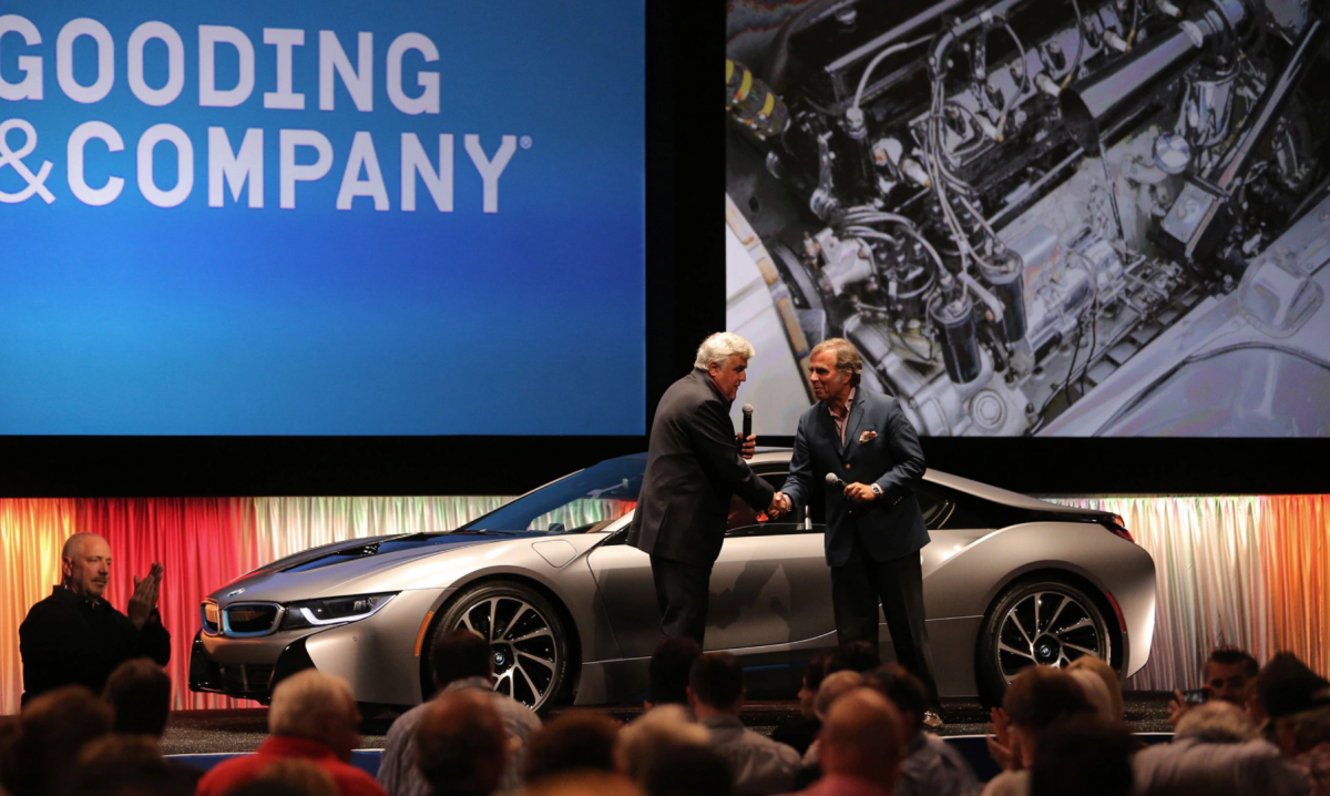 Jay Leno during the auctioning of the first BMW i8, a Concours d'Elegance Edition which fetched $825,000 at Gooding & Company's 2014 Pebble Beach Auction, on August 16, 2014