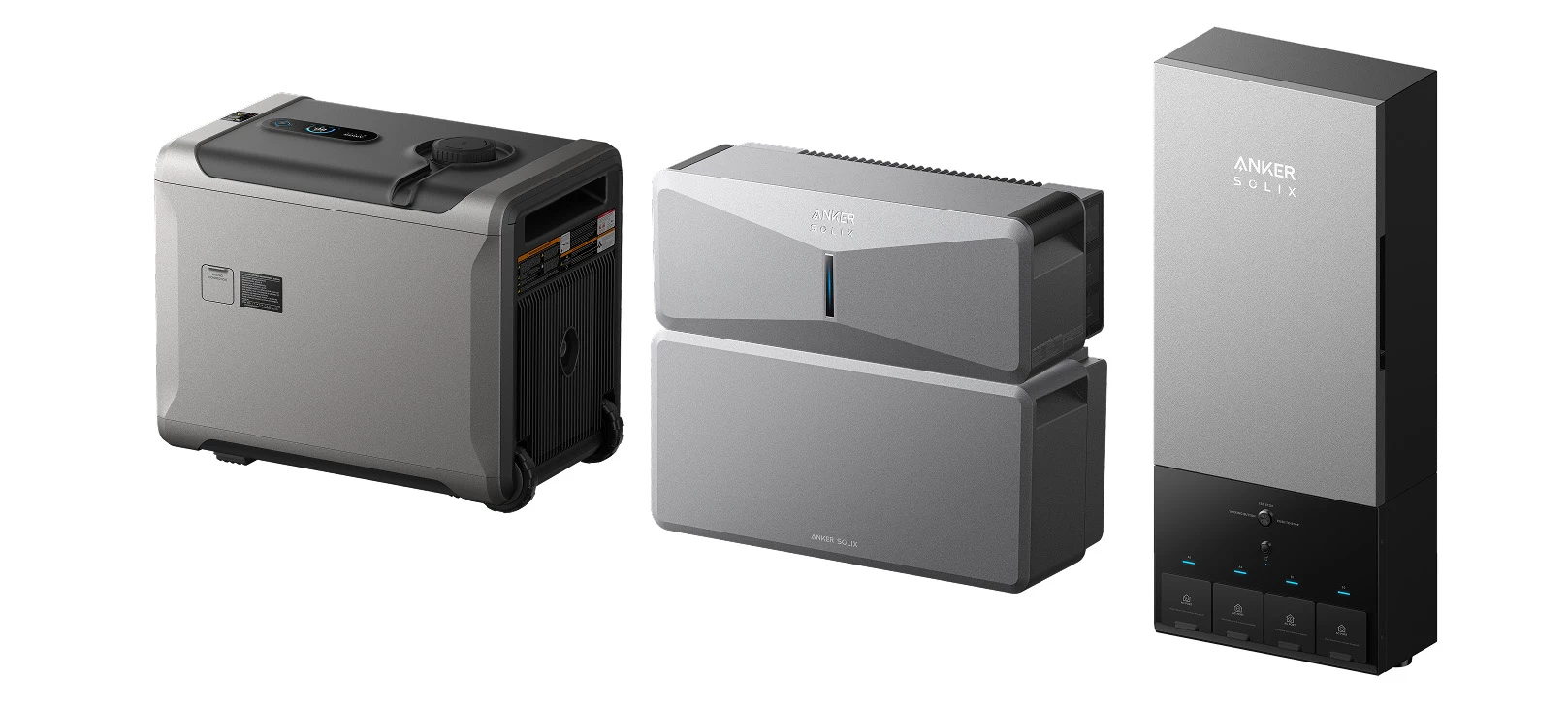 The expandable Solix E10 system includes an inverter with modular batteries (center), a tri-fuel generator (left), and a Power Dock for automatic switchover (right) or a manual inlet box (not pictured)