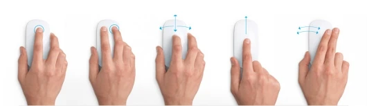 The Magic Mouse's multi-touch surface enables single-button click, two-button click, 360 degree scrolling, screen zoom and two-finger swipe