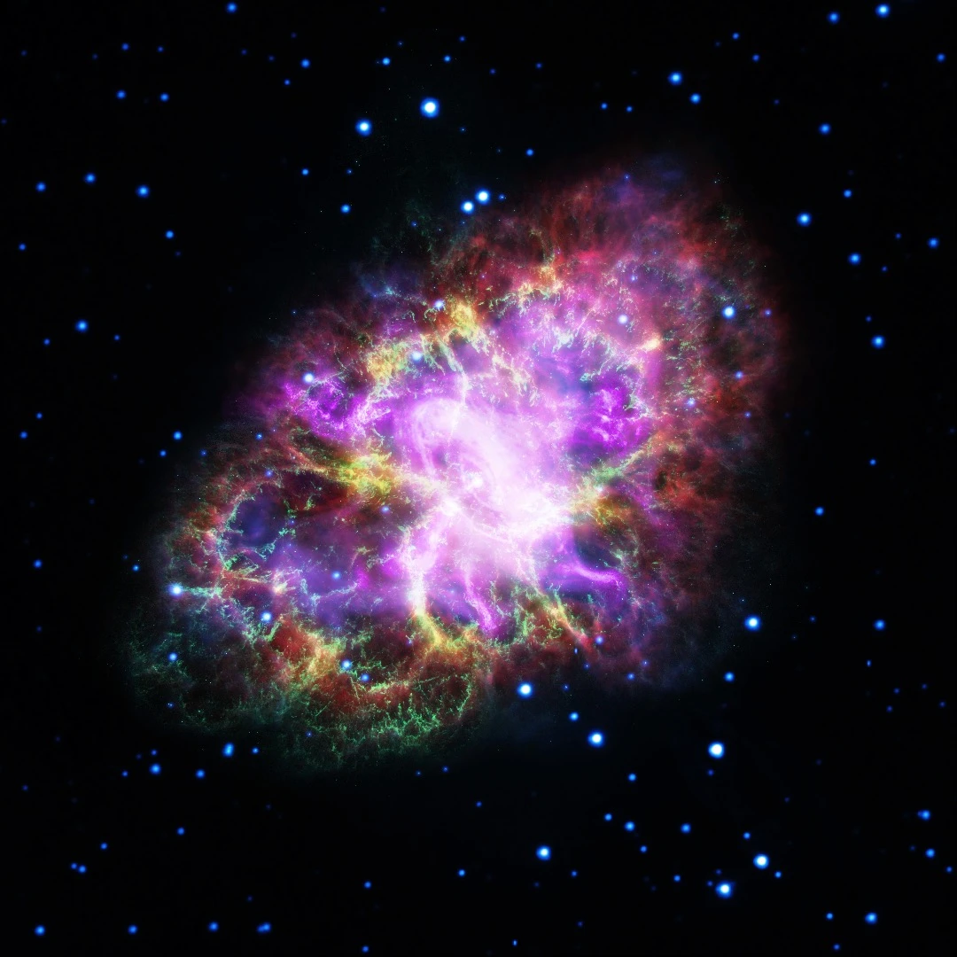 This remarkable composite image of the Crab Nebula brings together data from five separate observatories