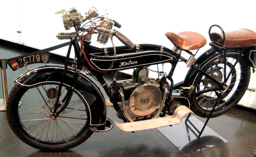 The 1920 Helios was one of many motorcycles made using BMW's M2B15 500 cc side-valve engine that had borrowed heavily from the Douglas flat twin. "Helios 1920" by Museumsfotografierer - Own work. Licensed under CC BY 3.0 via Wikimedia Commons.
