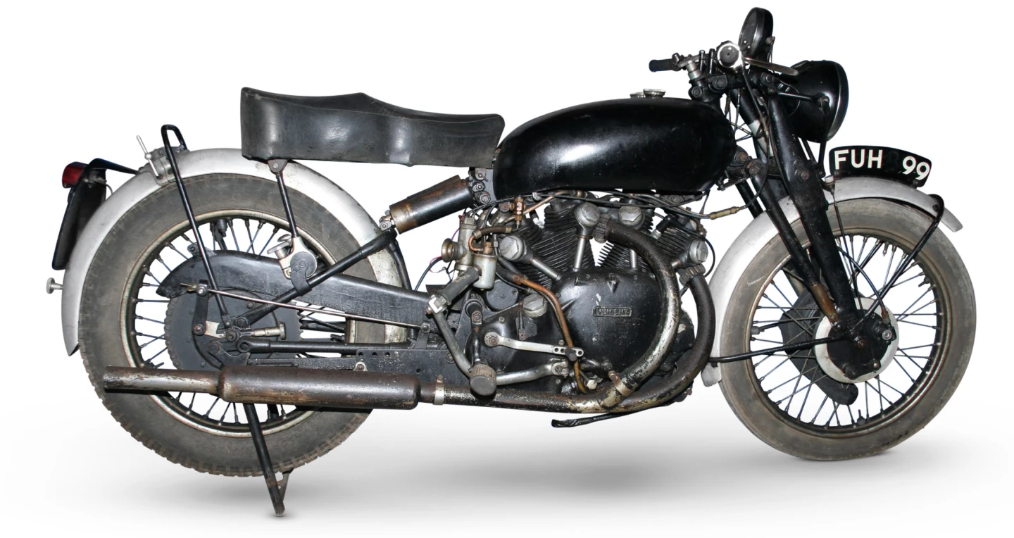 A 'barn find' Black Shadow that was purchased by the vendor in Cardiff in 1966 and ridden sparingly for three years, before being put into storage in 1970. Sold as is, the 1951 Vincent Black Shadow sold for GBP£54,050 ($90,831).