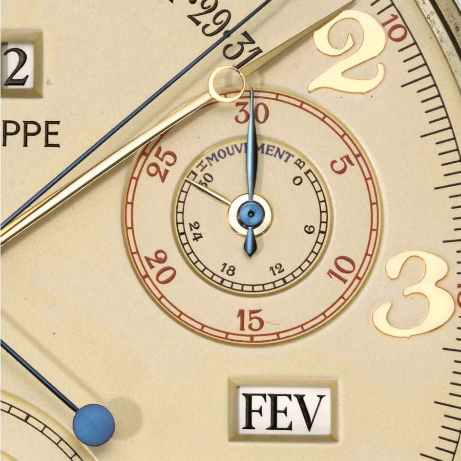 The Patek Philippe Calibre 89 30-minute and month readouts