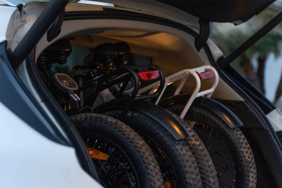 The Flip folds down to dimensions of 36.6 x 14.6 x 27.6 inches and can be transported between rides in the back of the family car.