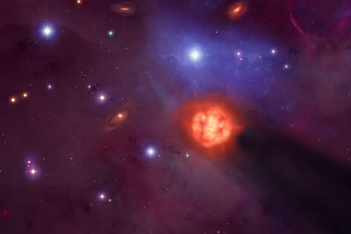 An artist's impression of an aging AGB star whizzing through a young star-forming region, a scenario that has now been detected for the first time