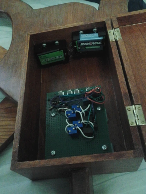 Circuit and batteries installed in the hinged wooden enclosure