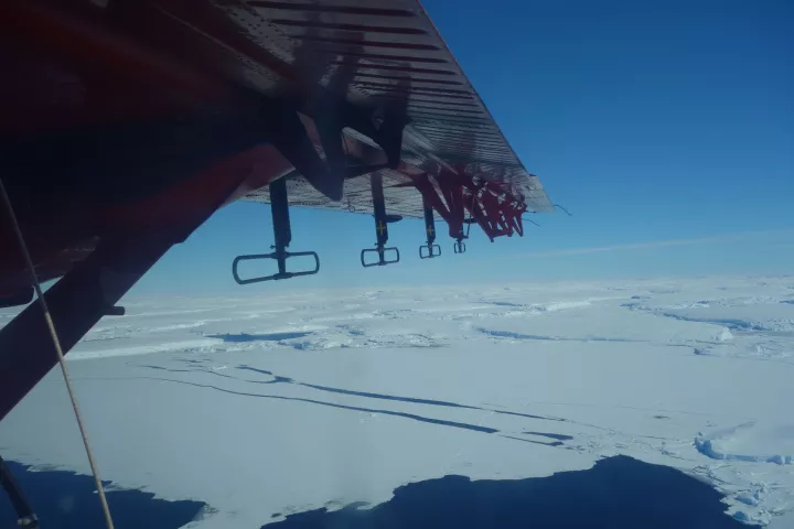 Wing of the BAS Twin Otter aircraft showing the radar sensors